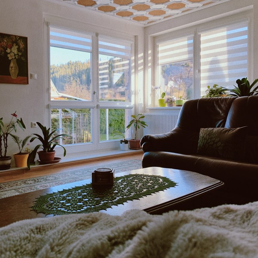 Salon lumineux avec des plantes, un canapé et une vue sur la nature à l'extérieur.